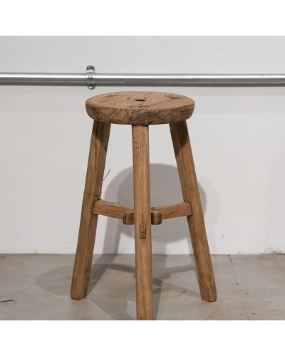 Tabouret rond rustique vintage en bois d'orme