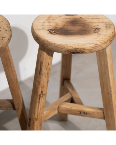 Tabouret rond rustique vintage en bois d'orme